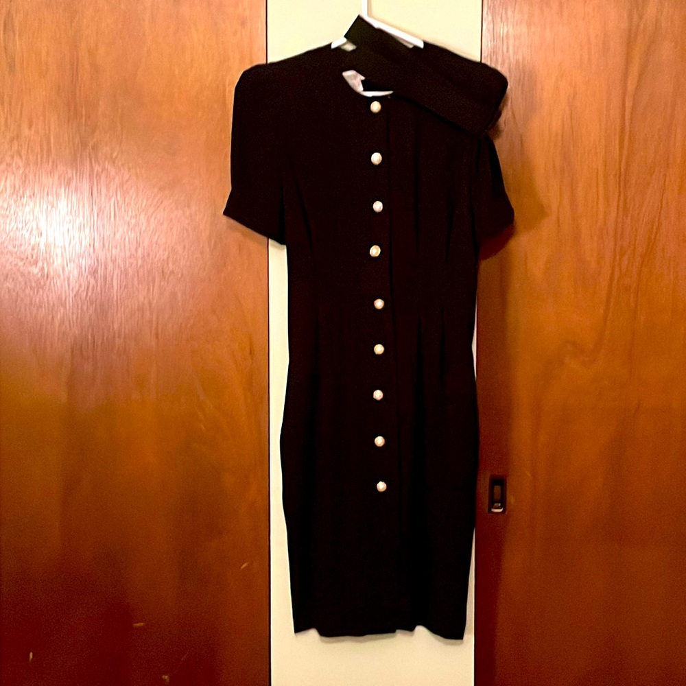 Ms Claus Little Black Dress with golden pearl buttons and black belt. . Size 12